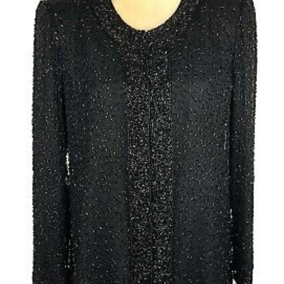 LAURENCE KAZAR VTG Fully Beaded 100% Silk Black Cardigan Evening Jacket L Formal - Picture 1 of 12